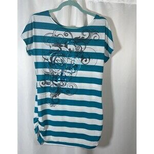 L Cooper Key Striped Green/White Floral Tunic Woman Top Polyester/Spandex